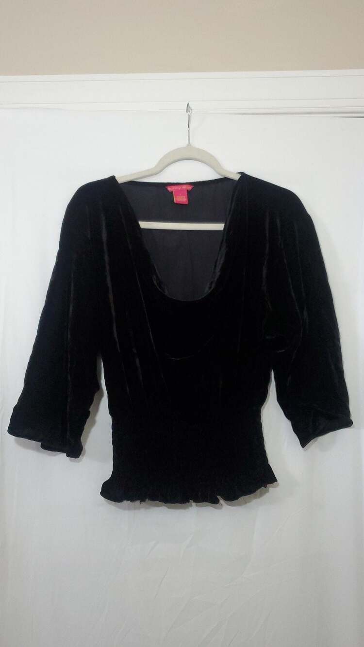 Sunny Leigh Black Velvet Smocked Waist 3/4 Sleeve Top Size S